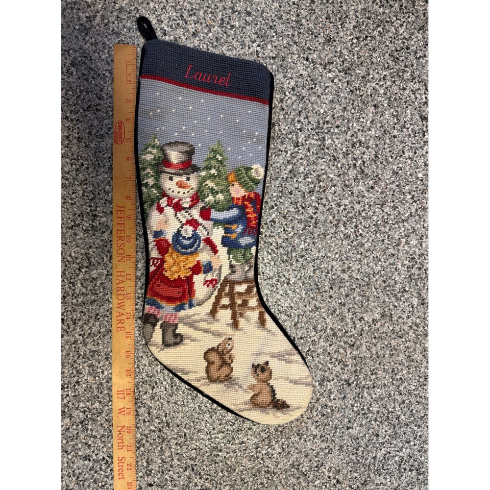 Lands End Needlepoint Christmas Stocking Snowman Laurel Wool Navy Velvet 18in